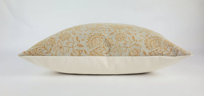 Block Print Pillow - Mustard Floral Linen Cushion With Cotton Canvas Backing