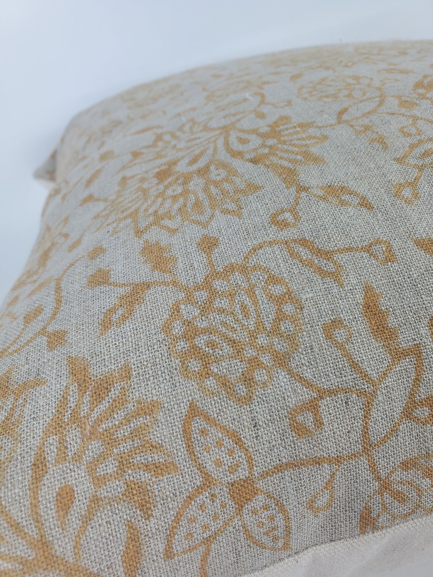Block Print Pillow - Mustard Floral Linen Cushion With Cotton Canvas Backing