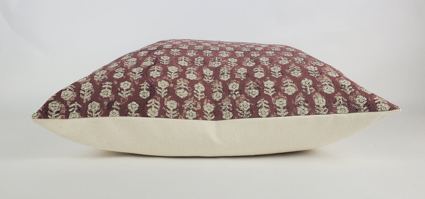 Rust Block Print Pillow – Red Floral Cushion Cover | Linen Throw Pillow