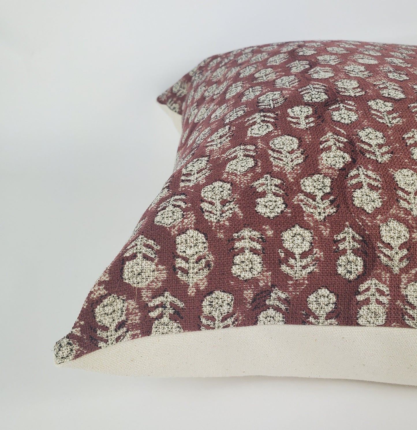 Rust Block Print Pillow – Red Floral Cushion Cover | Linen Throw Pillow