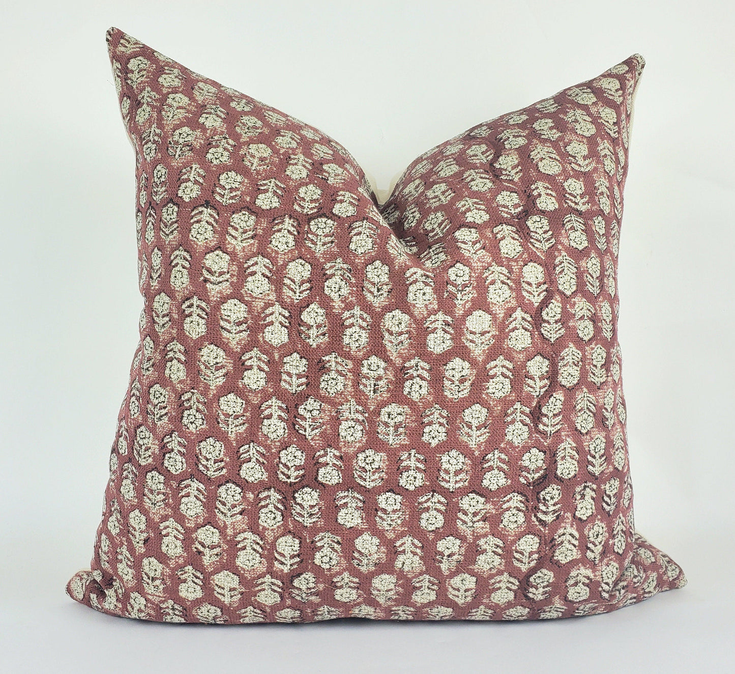 Rust Block Print Pillow – Red Floral Cushion Cover | Linen Throw Pillow