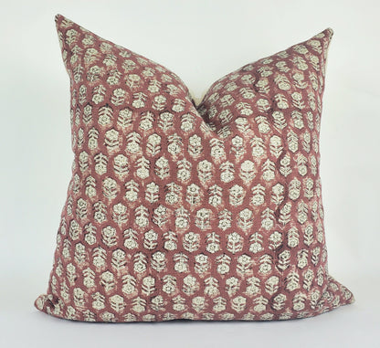 Rust Block Print Pillow – Red Floral Cushion Cover | Linen Throw Pillow