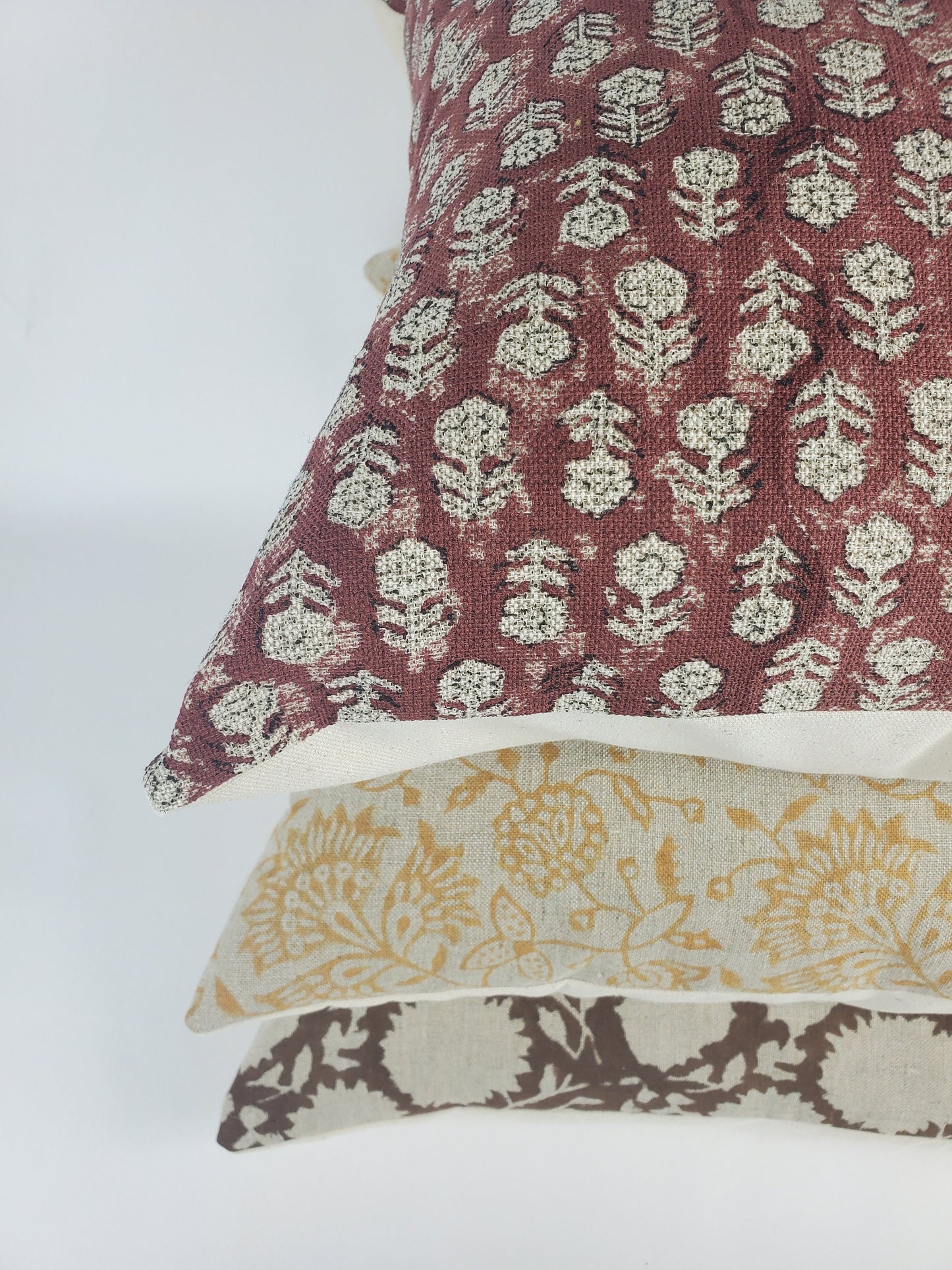 Rust Block Print Pillow – Red Floral Cushion Cover | Linen Throw Pillow