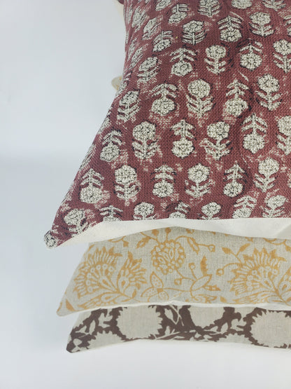 Rust Block Print Pillow – Red Floral Cushion Cover | Linen Throw Pillow