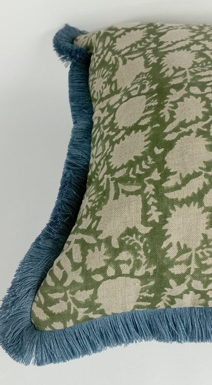 Block Print Pillow – Green Floral Lumbar Cushion With Blue Fringe Trim