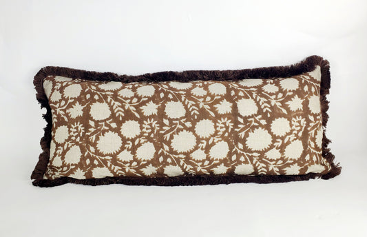 Brown Block Print Pillow - Indian Floral Fabric Cushion With Cotton Fringe