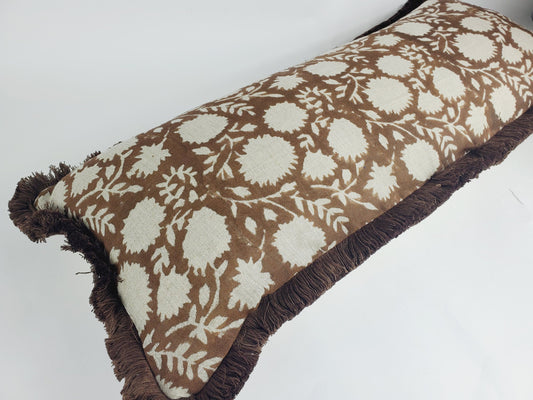 Brown Block Print Pillow - Indian Floral Fabric Cushion With Cotton Fringe