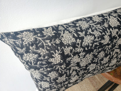 Block Print Pillow - Long Lumbar Linen Cushion With Black Floral Design