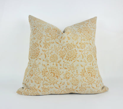 Block Print Pillow - Mustard Floral Linen Cushion With Cotton Canvas Backing