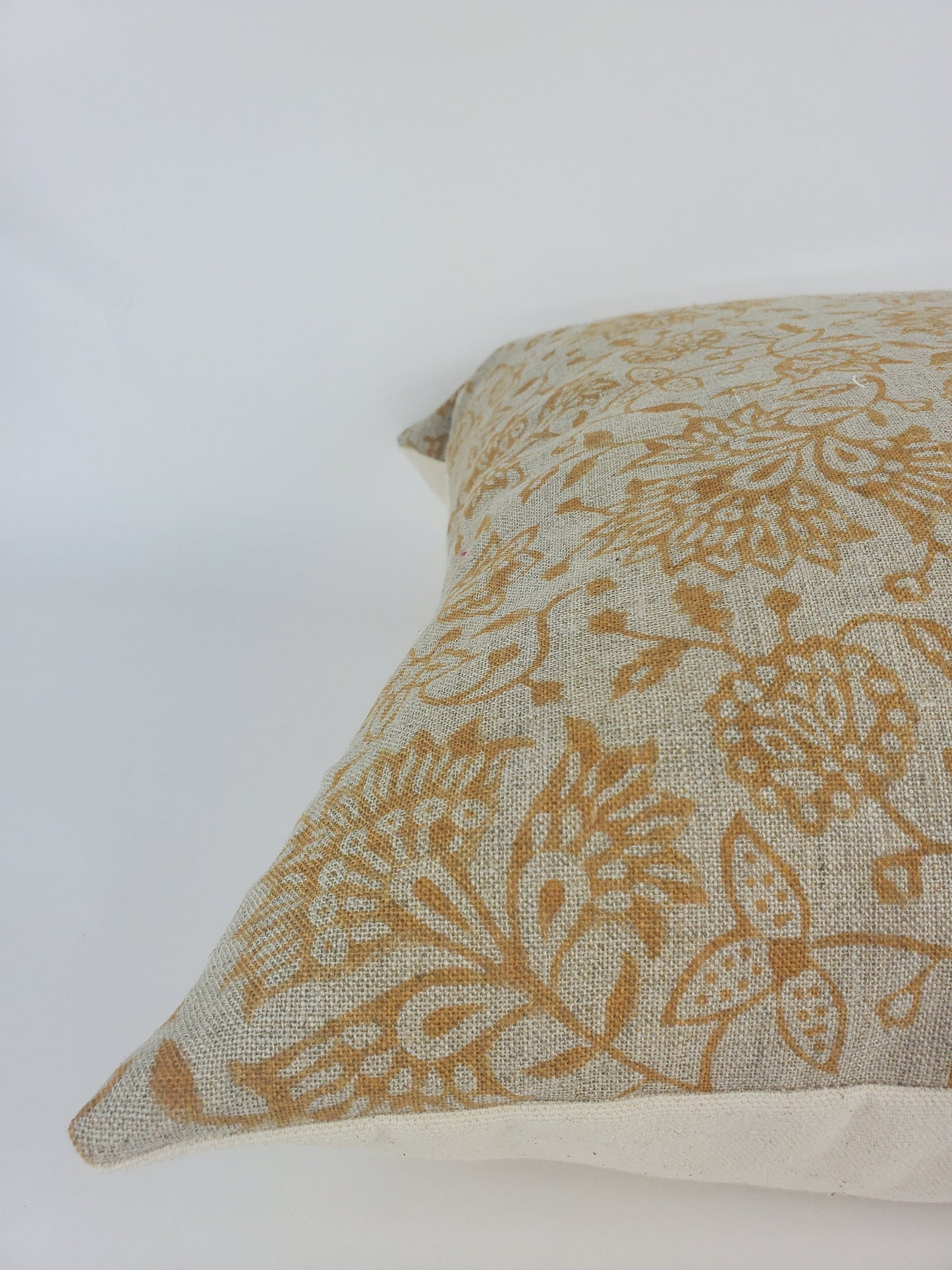 Block Print Pillow - Mustard Floral Linen Cushion With Cotton Canvas Backing