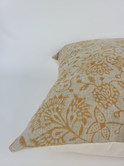 Block Print Pillow - Mustard Floral Linen Cushion With Cotton Canvas Backing
