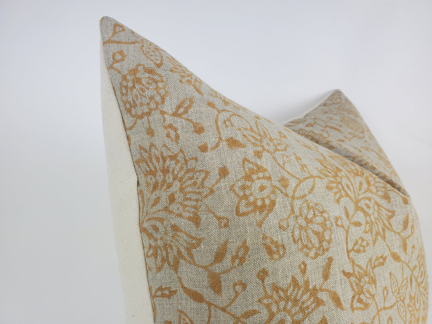 Block Print Pillow - Mustard Floral Linen Cushion With Cotton Canvas Backing