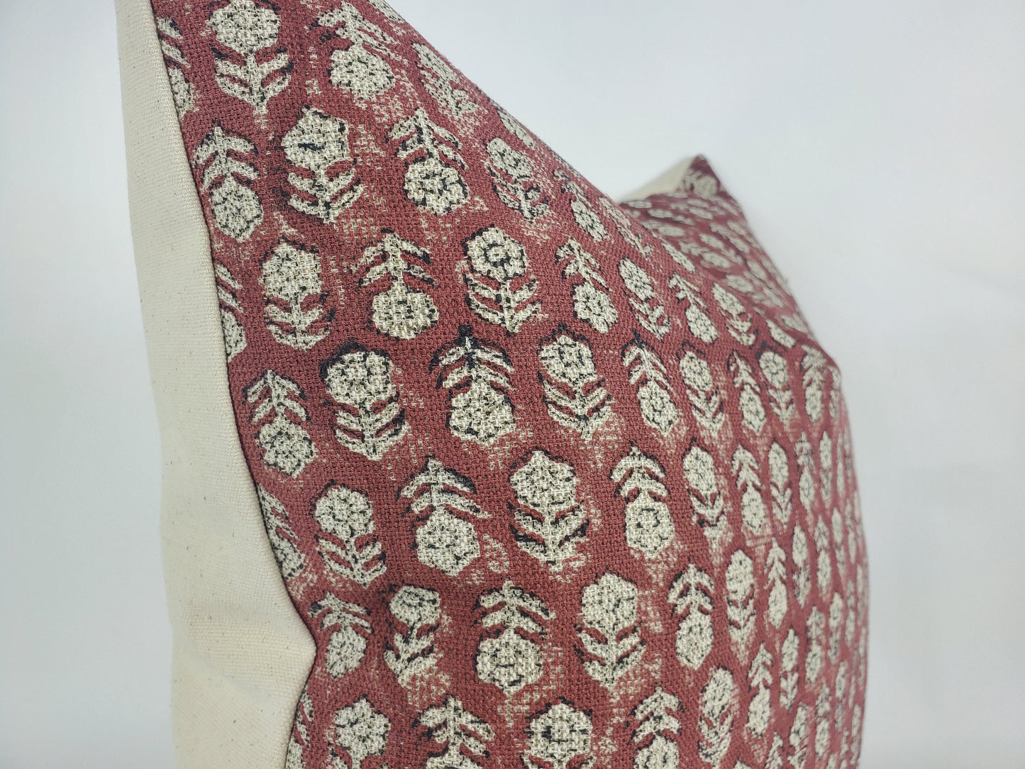 Rust Block Print Pillow – Red Floral Cushion Cover | Linen Throw Pillow