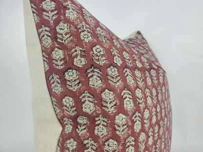 Rust Block Print Pillow – Red Floral Cushion Cover | Linen Throw Pillow