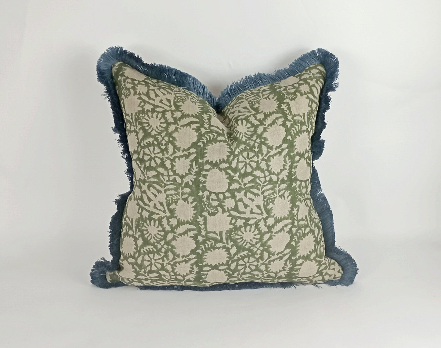 Block Print Pillow – Green Floral Lumbar Cushion With Blue Fringe Trim