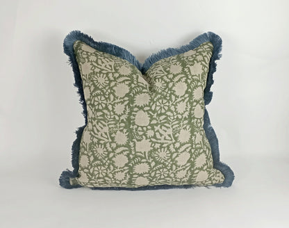 Block Print Pillow – Green Floral Lumbar Cushion With Blue Fringe Trim