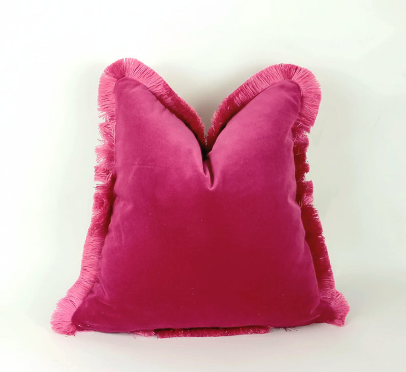 Hot Pink Velvet Throw Pillow - Pink Velvet Fringe Cushion