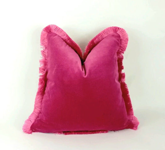 Pink Velvet Cushion - Soft Velvet Throw Pillow With Brush Fringe Trim