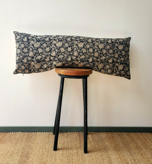Block Print Pillow - Long Lumbar Linen Cushion With Black Floral Design