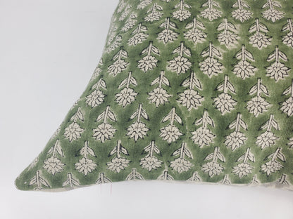 Green Block Print Pillow - Floral Linen Cushion with Cotton Canvas Backing