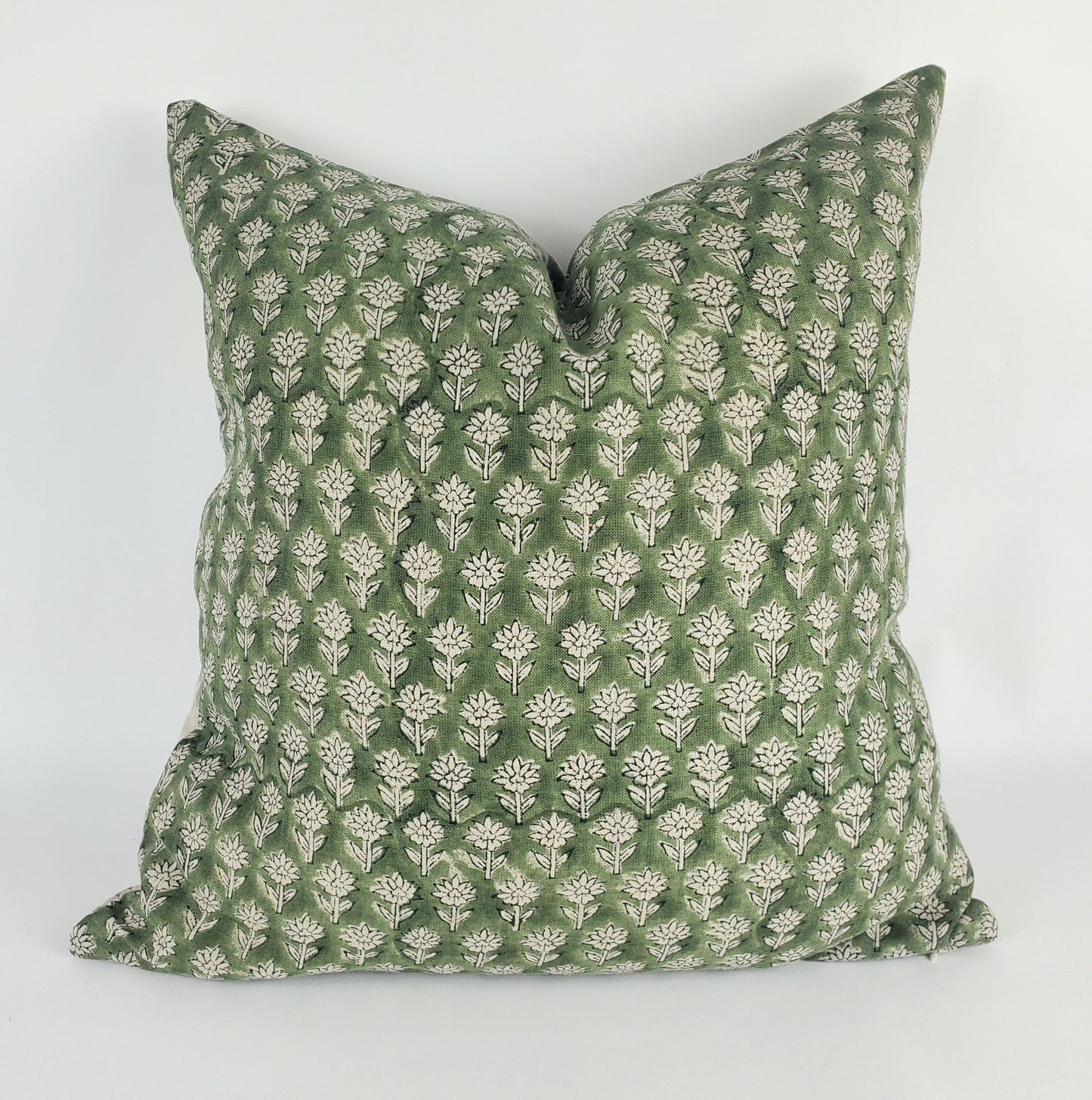 Green Block Print Pillow - Floral Linen Cushion with Cotton Canvas Backing