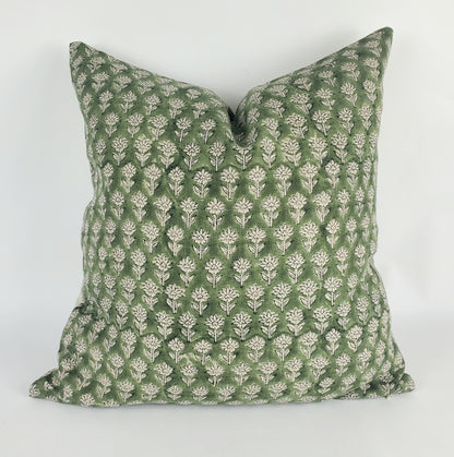 Green Block Print Pillow - Floral Linen Cushion with Cotton Canvas Backing