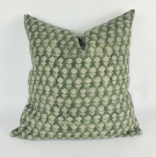 Green Block Print Pillow - Floral Linen Cushion with Cotton Canvas Backing