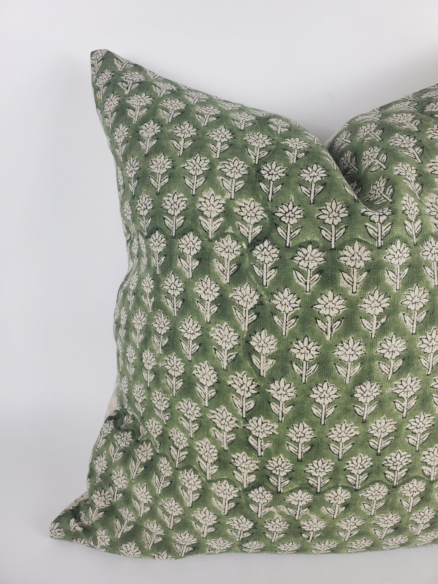 Green Block Print Pillow - Floral Linen Cushion with Cotton Canvas Backing