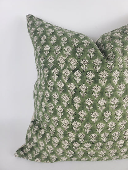 Green Block Print Pillow - Floral Linen Cushion with Cotton Canvas Backing