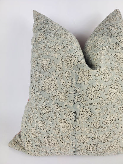 Blue Block Print Pillow – Hand Printed Floral Linen Throw Cushion Cover