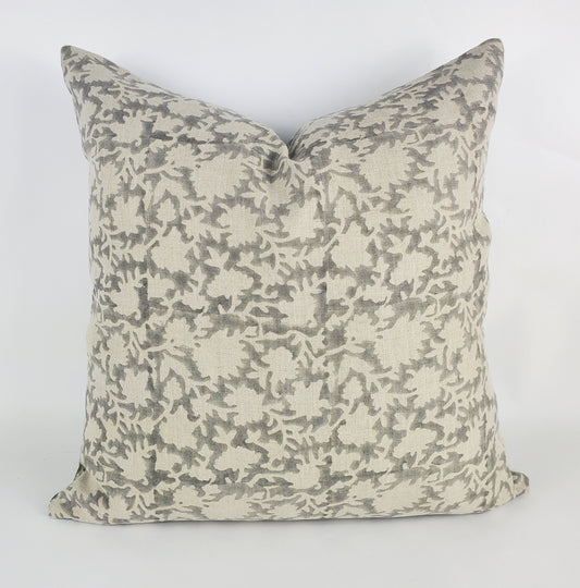 Grey Block Print Pillow – Hand Block Printed Floral Cushion | Linen Throw Pillow