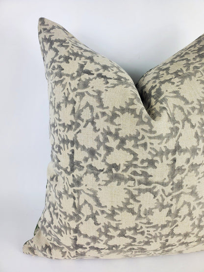 Grey Block Print Pillow – Hand Block Printed Floral Cushion | Linen Throw Pillow