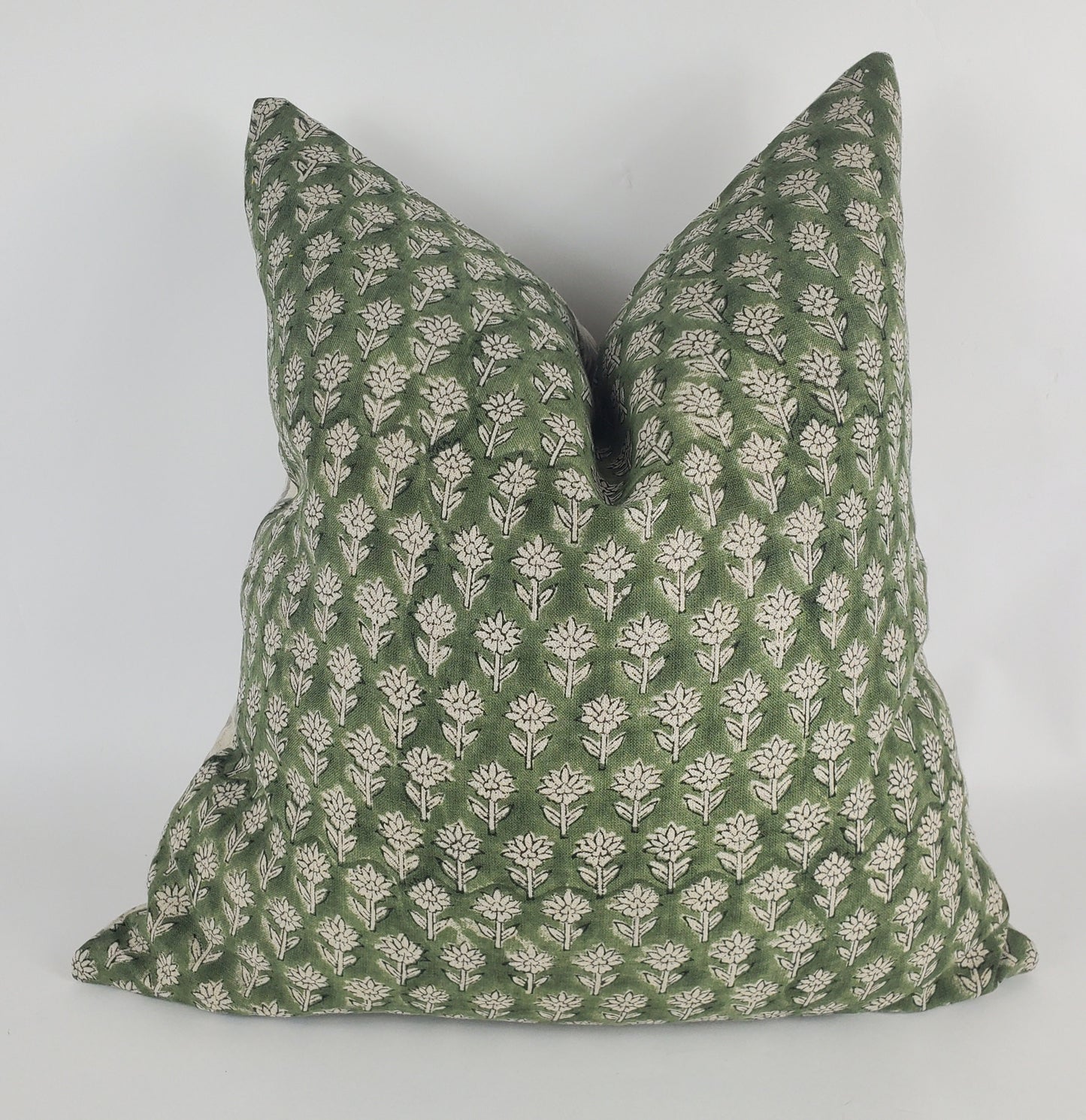 Green Block Print Pillow - Floral Linen Cushion with Cotton Canvas Backing