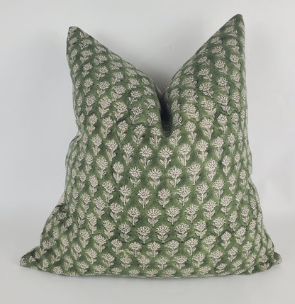 Green Block Print Pillow - Floral Linen Cushion with Cotton Canvas Backing