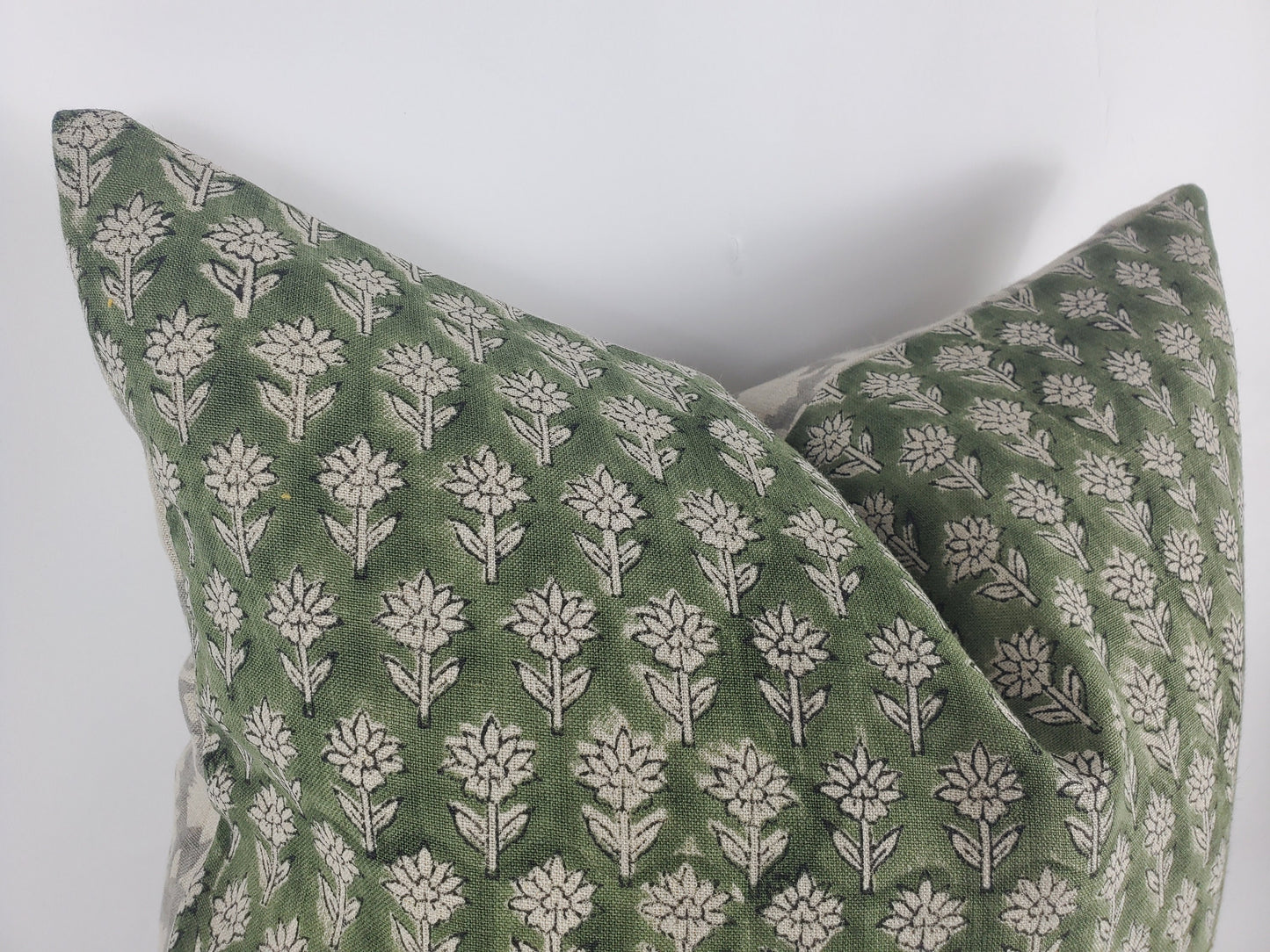 Green Block Print Pillow - Floral Linen Cushion with Cotton Canvas Backing