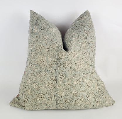 Blue Block Print Pillow – Hand Printed Floral Linen Throw Cushion Cover