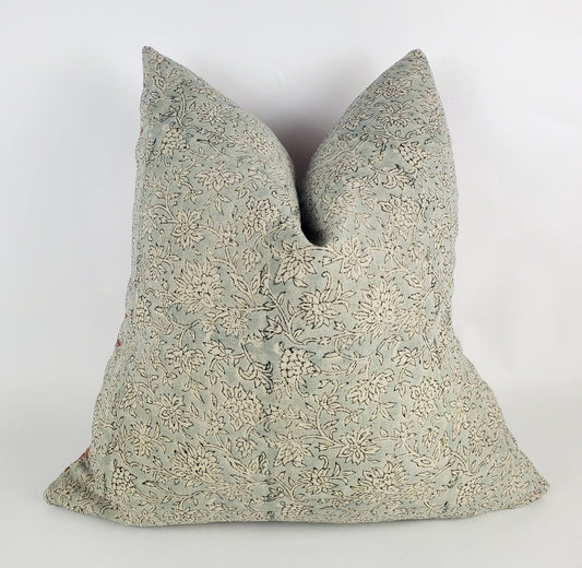 Blue Block Print Pillow – Hand Printed Floral Linen Throw Cushion Cover