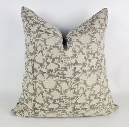 Grey Block Print Pillow – Hand Block Printed Floral Cushion | Linen Throw Pillow