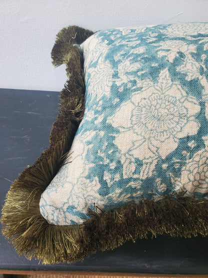 Blue Block Print Pillow – Hand Printed Linen Cover With Floral Pattern & Fringe Trim