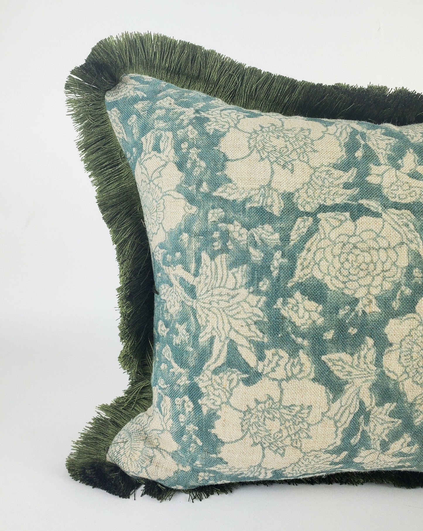 Blue Block Print Pillow – Hand Printed Linen Cover With Floral Pattern & Fringe Trim