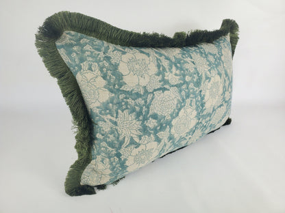 Blue Block Print Pillow – Hand Printed Linen Cover With Floral Pattern & Fringe Trim