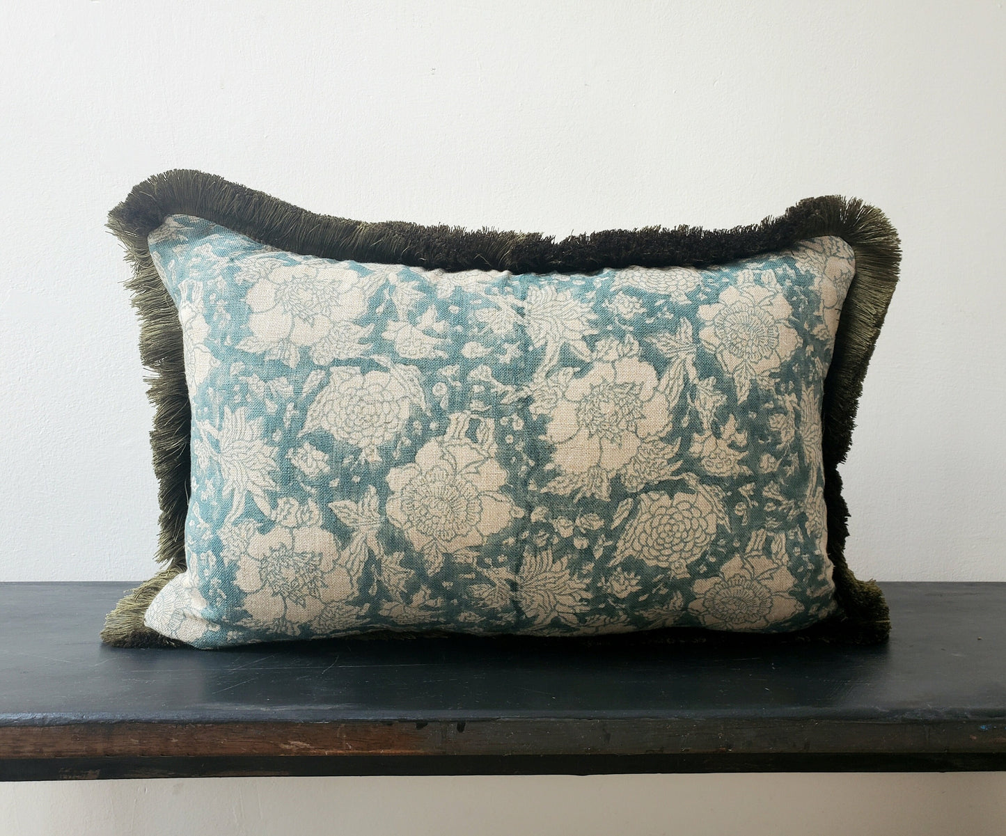Blue Block Print Pillow – Hand Printed Linen Cover With Floral Pattern & Fringe Trim