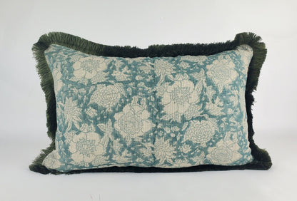 Blue Block Print Pillow – Hand Printed Linen Cover With Floral Pattern & Fringe Trim