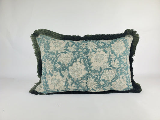 Blue Block Print Pillow – Hand Printed Linen Cover With Floral Pattern & Fringe Trim