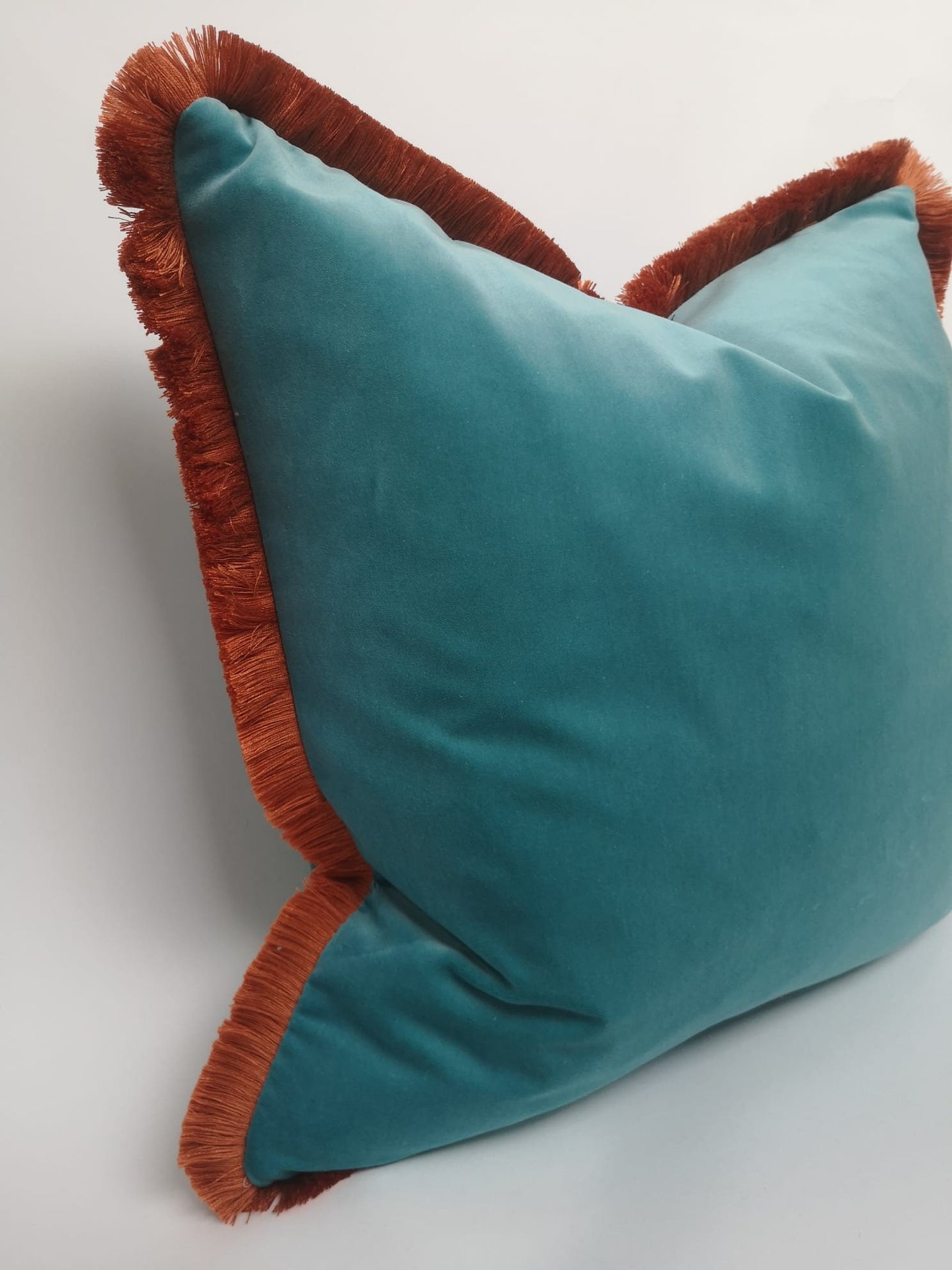 Aqua Coral Fringe Pillow - Velvet Throw Pillow With Coral Fringe Trim, Luxury Cushion Cover