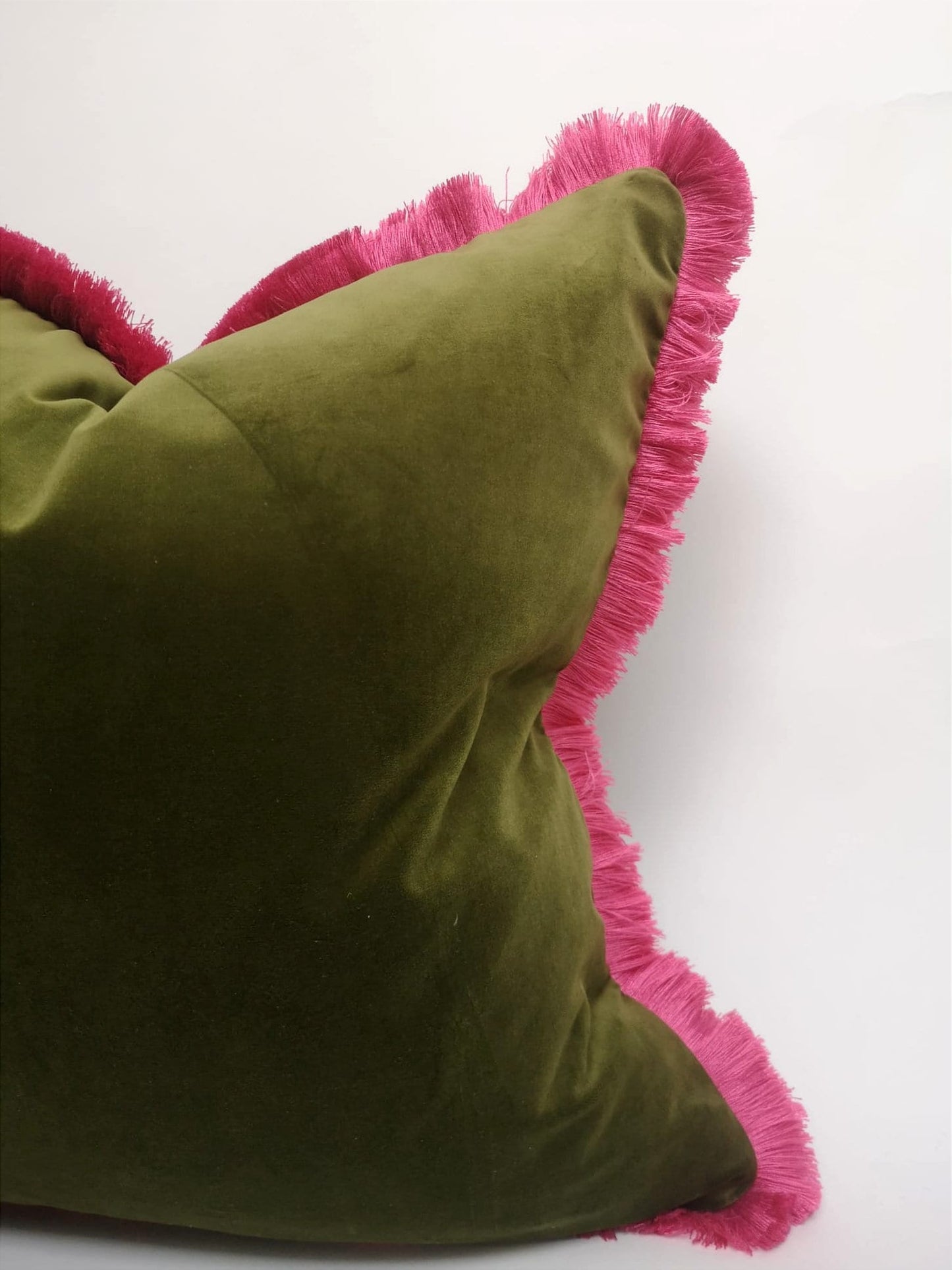 Moss Green Velvet Cushion - Green Velvet Fringe Pillow