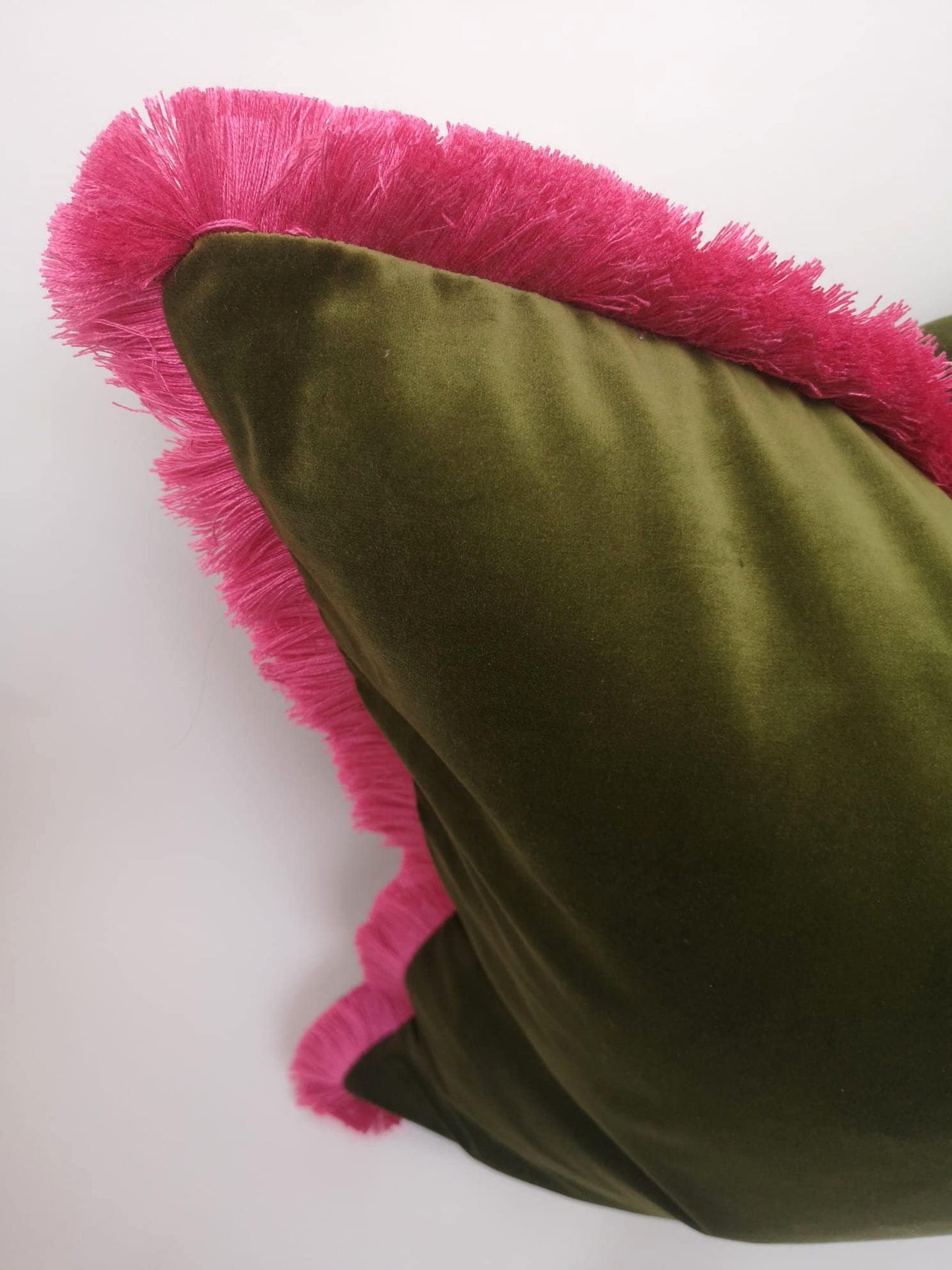 Moss Green Velvet Cushion - Green Velvet Fringe Pillow