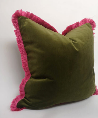 Moss Green Velvet Cushion - Green Velvet Fringe Pillow