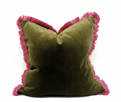 Moss Green Velvet Cushion - Green Velvet Fringe Pillow