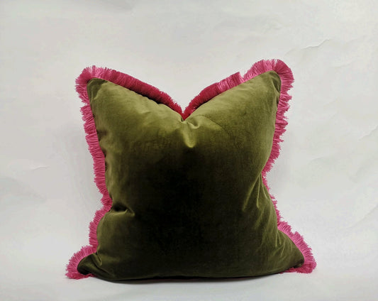 Green Velvet Cushion - Heavyweight Cotton Velvet Throw Pillow With Pink Fringe Accent